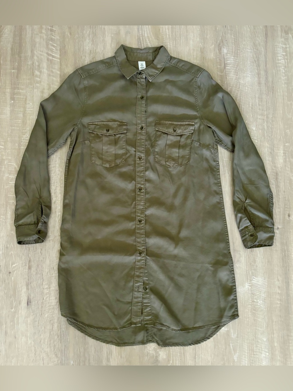 H&M &denim Shirt Dress Women’s 10 Olive Button Front Utility Military Minimalist